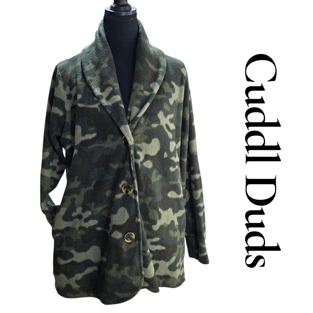 Cuddl Duds Fleece Cardigan M Green Camo Jacket Shawl Collar Pockets Soft